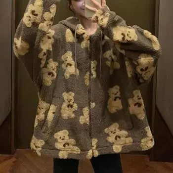 Женское зимнее пальто, плюшевая теплая верхняя одежда, стильная повседневная женская одежда с принтом медведя для путешествий L белый