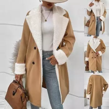 Женское зимнее пальто, плюшевое пальто на флисовой подкладке, дубленка, длинная теплая куртка M хаки