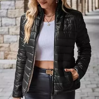 Женское зимнее пальто, пуховик, с длинными рукавами, теплое пальто, женская однотонная верхняя одежда на молнии со стойкой XXL чёрный