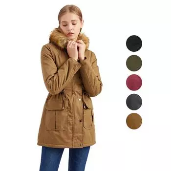 Женское зимнее пальто-пуховик в стиле милитари, теплая хлопковая куртка на подкладке из шерпа, парка из искусственного меха с капюшоном, флисовая подкладка, утепленное пальто, повседневная повседневная уличная верхняя одежда S чёрный