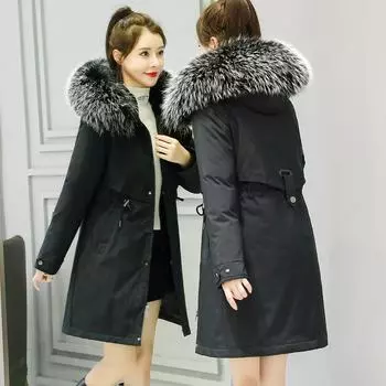 Женское зимнее пальто Распродажа Женская бежевая шерстяная толстая теплая меховая куртка с капюшоном Парка Модный пояс Тонкий хлопковый пиджак L хаки