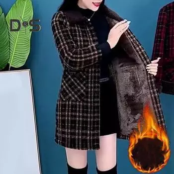 Женское зимнее пальто с боковыми карманами, отложным воротником, однобортное пальто средней длины, куртка для поездок на работу в клетку, плотная верхняя одежда L зелёный