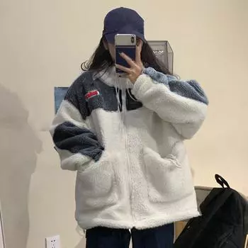 Женское зимнее пальто с цветными блоками, толстое, мягкое, плюшевое, морозостойкое, лоскутное, с большими карманами и длинными рукавами, на шнурке, женское уличное пальто XL жёлтый