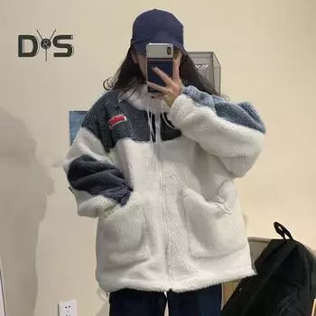 Женское зимнее пальто с цветными блоками, толстое, мягкое, плюшевое, морозостойкое, лоскутное, с большими карманами и длинными рукавами, на шнурке, женское уличное пальто L синий