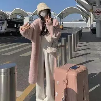 Женское зимнее пальто с длинными рукавами, утолщенное плюшевое, однотонное, длиной до середины икры, уютный кардиган с защитой от ветра и температурным фиксатором L бежевый