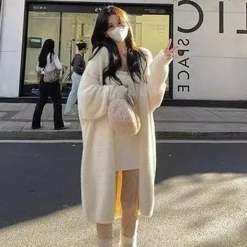 Женское зимнее пальто с длинными рукавами, утолщенное плюшевое, однотонное, длиной до середины икры, уютный кардиган с защитой от ветра и температурным фиксатором L бежевый