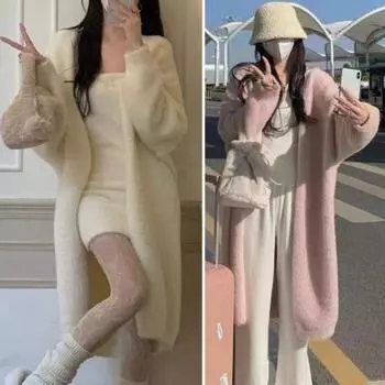 Женское зимнее пальто с длинными рукавами, утолщенное плюшевое, однотонное, длиной до середины икры, уютный кардиган с защитой от ветра и температурным фиксатором S розовый