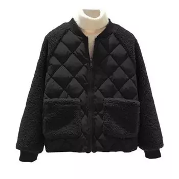 Женское зимнее пальто с двойными карманами, флисовая пэчворк-подкладка, толстый круглый вырез L чёрный