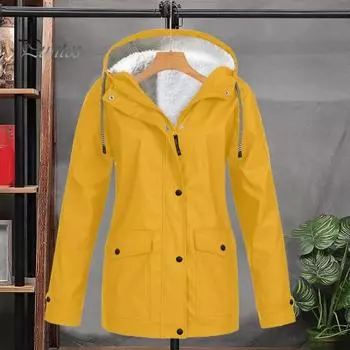 Женское зимнее пальто с флисовой подкладкой, капюшоном, застежкой-молнией на кнопки, верхняя одежда средней длины, большого размера, однотонная парка с карманами, теплая пуховая куртка S жёлтый