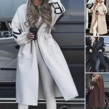 Женское зимнее пальто с капюшоном и боковыми карманами, лоскутное трикотажное пальто с рукавами, узором из букв, свободное, средней длины, с завязками на талии, однотонное пальто S чёрный