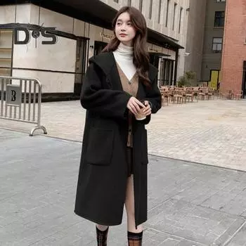 Женское зимнее пальто с капюшоном и карманами, однотонный кардиган с открытой строчкой, пальто средней длины, термобелье с длинными рукавами, зимнее пальто для поездок на работу и свиданий S абрикосовый