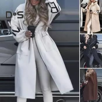 Женское зимнее пальто с капюшоном и боковыми карманами, лоскутное трикотажное пальто с рукавами, узором из букв, свободное, средней длины, с завязками на талии, однотонное пальто S чёрный