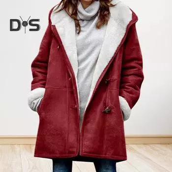 Женское зимнее пальто с капюшоном и карманами, утолщенная флисовая подкладка из искусственной замши, термокуртка средней длины с длинным рукавом, повседневная верхняя одежда для активного отдыха XXXL темно-синий