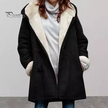 Женское зимнее пальто с капюшоном и карманами, утолщенная флисовая подкладка из искусственной замши, термокуртка средней длины с длинным рукавом, повседневная верхняя одежда для активного отдыха XXXL темно-синий