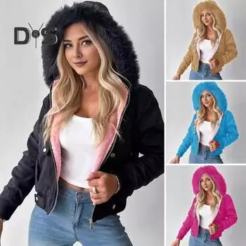 Женское зимнее пальто с капюшоном из плотного плюша, застежка-молния, длинные рукава, однотонная короткая куртка с карманами, верхняя одежда для вечеринок, офиса, свиданий и вечеринок XXL чёрный