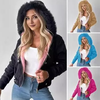 Женское зимнее пальто с капюшоном из плотного плюша, застежка-молния, длинные рукава, однотонная короткая куртка с карманами, верхняя одежда для вечеринок, офиса, свиданий и вечеринок S хаки