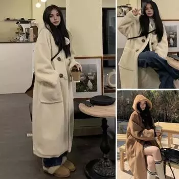 Женское зимнее пальто с капюшоном из плотного флиса, однотонное, с застежкой на роговые пуговицы, длинные рукава M кофейный