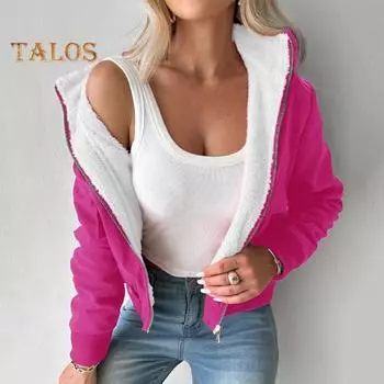 Женское зимнее пальто с капюшоном из плотного плюша, застежка-молния, длинные рукава, однотонная короткая куртка с карманами, верхняя одежда для вечеринок, офиса, свиданий и вечеринок M розы красного