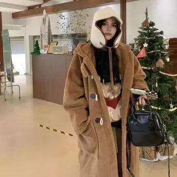 Женское зимнее пальто с капюшоном из толстого флиса чистого цвета с застежкой на роговые пуговицы M кофейный