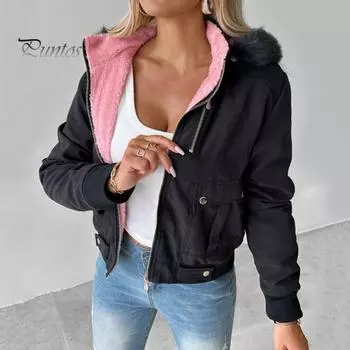 Женское зимнее пальто с капюшоном из плотного плюша, застежка-молния, длинные рукава, однотонная короткая куртка с карманами, верхняя одежда для вечеринок, офиса, свиданий и вечеринок L розы красного