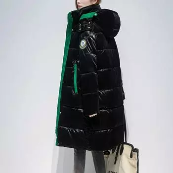 Женское зимнее пальто с капюшоном контрастного цвета, большой карман, глянцевое ветрозащитное теплое пальто, куртка-пуховик, парки с хлопковой подкладкой, пальто L чёрный
