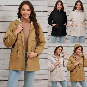 Женское зимнее пальто с капюшоном, куртка-парка с длинными рукавами и карманами, теплая повседневная куртка на молнии с подкладкой из флиса, ветрозащитная ветровка для женщин S