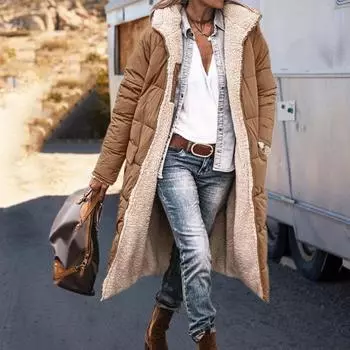 Женское зимнее пальто с капюшоном, на подкладке из плюша, двухсторонняя, удобная верхняя одежда, теплое пальто средней длины с большим карманом и застежкой-молнией M светло-серый