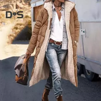 Женское зимнее пальто с капюшоном, на подкладке из плюша, двухсторонняя, удобная верхняя одежда, теплое пальто средней длины с большим карманом и застежкой-молнией S светло-серый