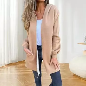 Женское зимнее пальто с капюшоном, плотная застежка-молния, однотонные эластичные манжеты, средняя длина, длинные рукава, термобелье для повседневной носки, шерстяное пальто M верблюд