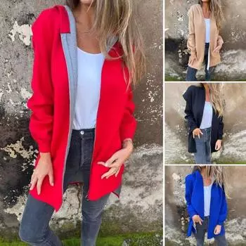 Женское зимнее пальто с капюшоном, плотная застежка-молния, однотонные эластичные манжеты, средняя длина, длинные рукава, термобелье для повседневной носки, шерстяное пальто M синий