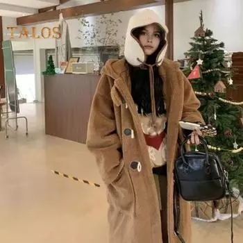 Женское зимнее пальто с капюшоном, плотный флис, однотонный, с застежкой на роговые пуговицы, с длинными рукавами, средней длины, утепленная верхняя одежда, школьная куртка для активного отдыха M абрикосовый