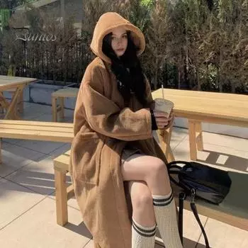 Женское зимнее пальто с капюшоном, плотный флис, однотонный, с застежкой на роговые пуговицы, с длинными рукавами, средней длины, утепленная верхняя одежда, школьная куртка для активного отдыха M абрикосовый