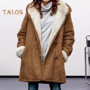 Женское зимнее пальто с капюшоном, подкладкой из плотного флиса, однотонное, средней длины, с длинными рукавами, однобортное, с небольшими роговыми пуговицами, термопальто XL чёрный