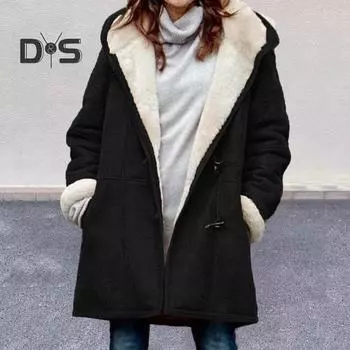Женское зимнее пальто с капюшоном, подкладкой из плотного флиса, однотонное, средней длины, с длинными рукавами, однобортное, с небольшими роговыми пуговицами, термопальто XL чёрный