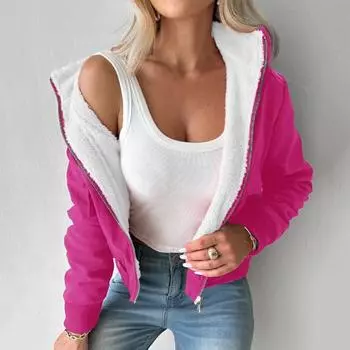 Женское зимнее пальто с капюшоном, толстый плюш, застежка-молния, длинные рукава, однотонное, короткое L розы красного