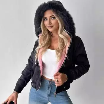 Женское зимнее пальто с капюшоном, толстый плюш, застежка-молния, длинные рукава, однотонное, короткое XXL хаки