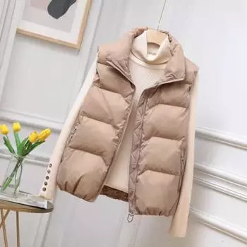 Женское зимнее пальто с карманами на молнии, застежкой-молнией, отложным воротником, без рукавов M хаки