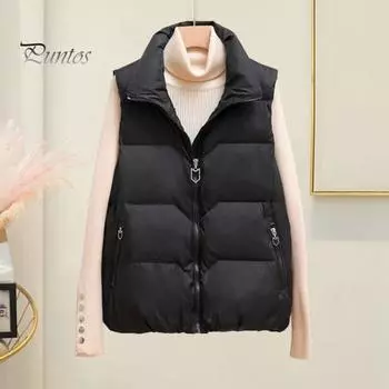 Женское зимнее пальто с карманами на молнии, застежка-молния, отложной воротник с подкладкой, без рукавов, однотонный жилет для отдыха на открытом воздухе и спорта M хаки