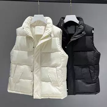 Женское зимнее пальто с карманами, застежкой-молнией, воротником-стойкой, без рукавов, однотонный жилет для отдыха на открытом воздухе и спорта M чёрный