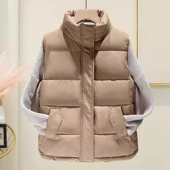 Женское зимнее пальто с карманами, застежкой-молнией, воротником-стойкой, без рукавов, однотонное M чёрный