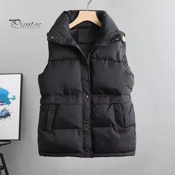 Женское зимнее пальто с карманами, застежкой на кнопки, воротником-стойкой, без рукавов, однотонный жилет для отдыха на открытом воздухе и спорта M чёрный