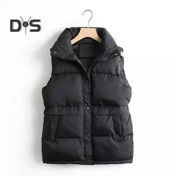 Женское зимнее пальто с карманами, застежкой на кнопки, воротником-стойкой, без рукавов, однотонный жилет для отдыха на открытом воздухе и спорта M чёрный