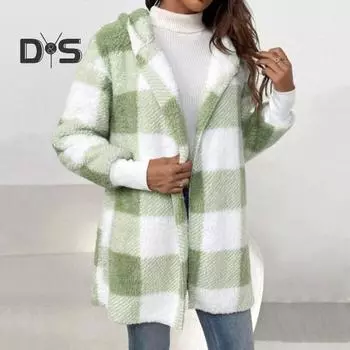 Женское зимнее пальто с контрастным клетчатым принтом, плотный двухсторонний бархат, капюшон, ажурные швы, эластичные манжеты, свободное, сохраняющее тепло пальто S хаки