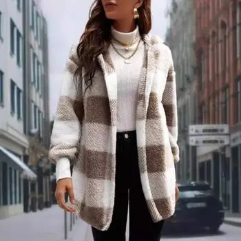 Женское зимнее пальто с контрастным клетчатым принтом из плотного двухстороннего бархата с капюшоном S розовый