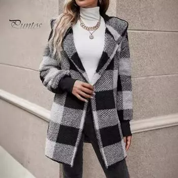 Женское зимнее пальто с контрастным клетчатым принтом, плотный двухсторонний бархат, капюшон, ажурные швы, эластичные манжеты, свободное, сохраняющее тепло пальто M хаки