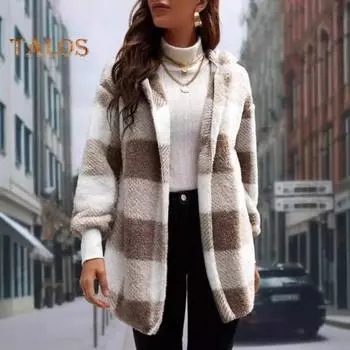 Женское зимнее пальто с контрастным клетчатым принтом, плотный двухсторонний бархат, капюшон, ажурные швы, эластичные манжеты, свободное, сохраняющее тепло пальто S розовый