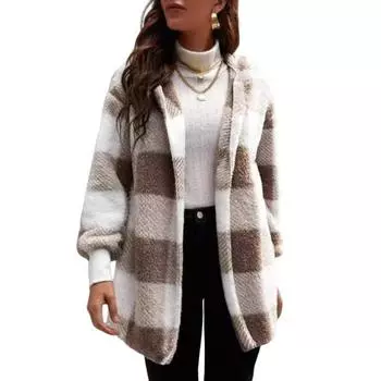 Женское зимнее пальто с контрастным клетчатым принтом, плотный двухсторонний бархат, капюшон, ажурные швы, эластичные манжеты, свободное, сохраняющее тепло пальто S темно-серого