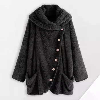 Женское зимнее пальто с косой застежкой на пуговицы, двухсторонний флис, однотонный, свободный, с длинным рукавом, с капюшоном, куртка для дома, для улицы, для школы, верхняя одежда L чёрный
