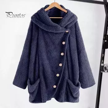 Женское зимнее пальто с косой застежкой на пуговицы, двухсторонний флис, однотонный, свободный, с длинным рукавом, с капюшоном, куртка для дома, для улицы, для школы, верхняя одежда M чёрный