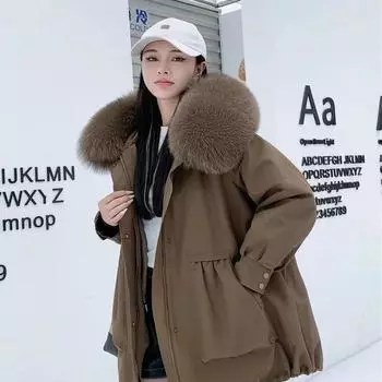 Женское зимнее пальто с меховым пирогом, новая внутренняя майка из кроличьего меха, съемный воротник из лисьего меха, пальто средней длины S
